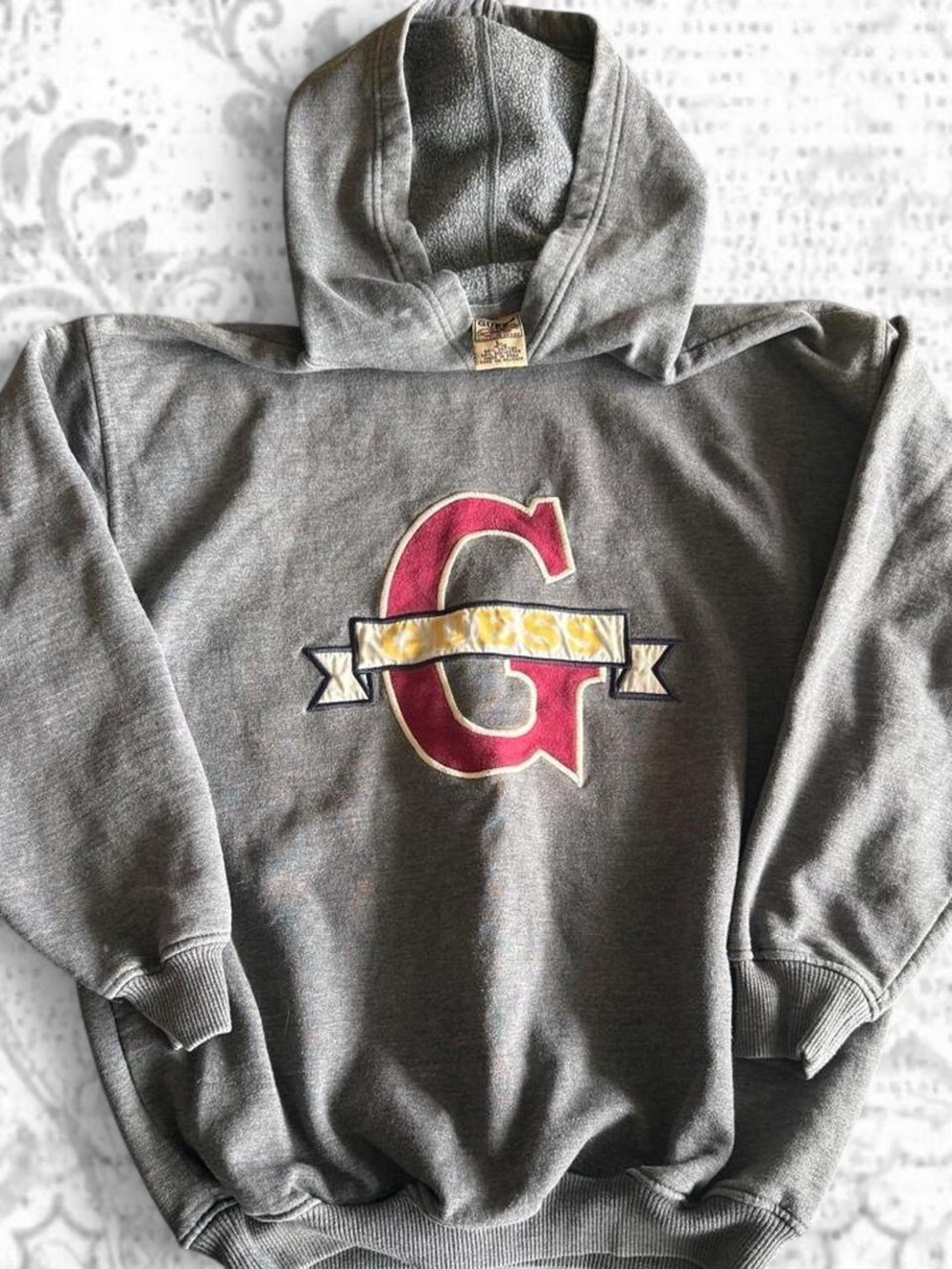Guess Gray Crewneck Hoodie with Maroon G Crest and Yellow Banner